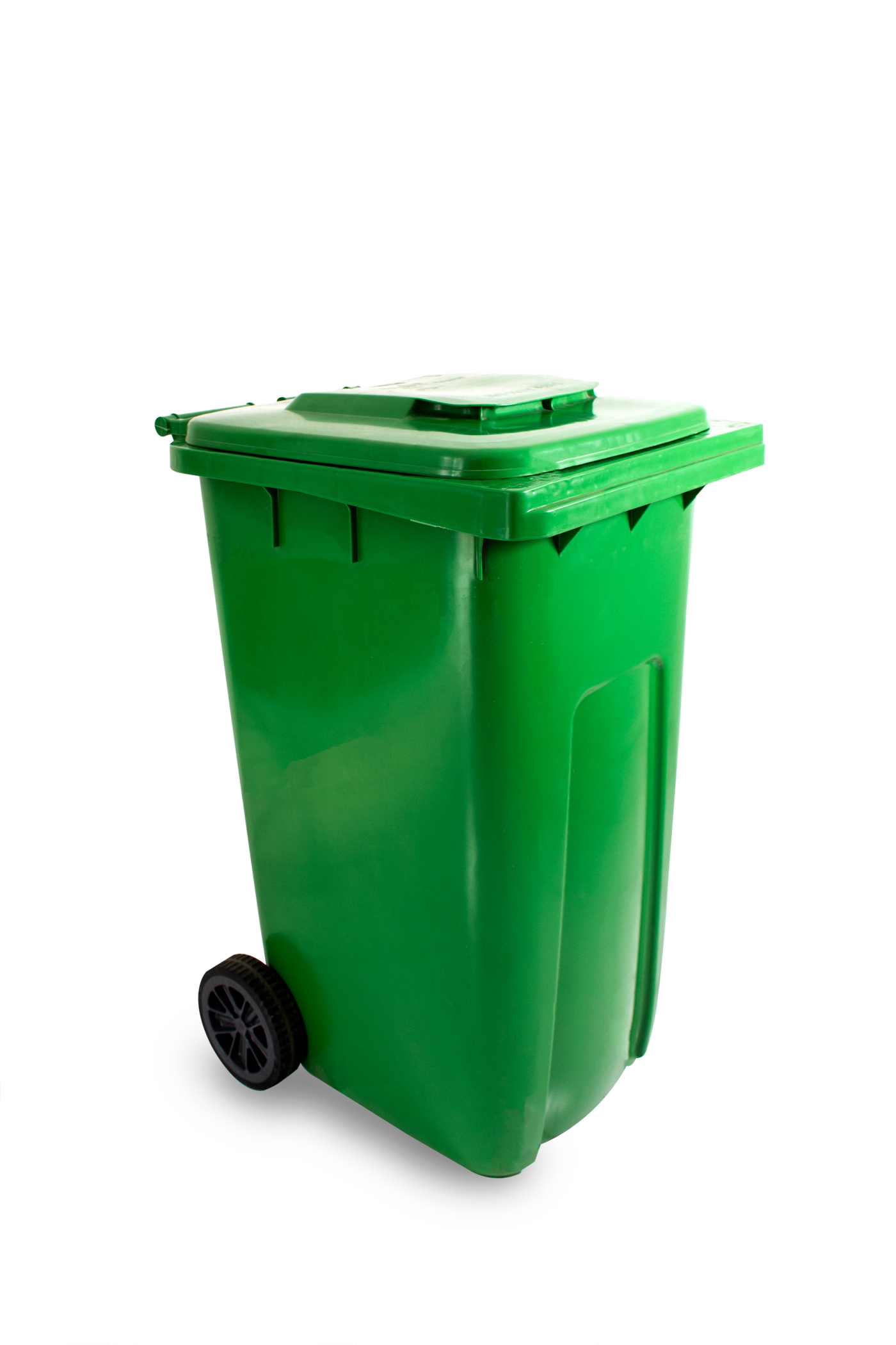 Green big size wheelie bin in a street. Garbage container ready
